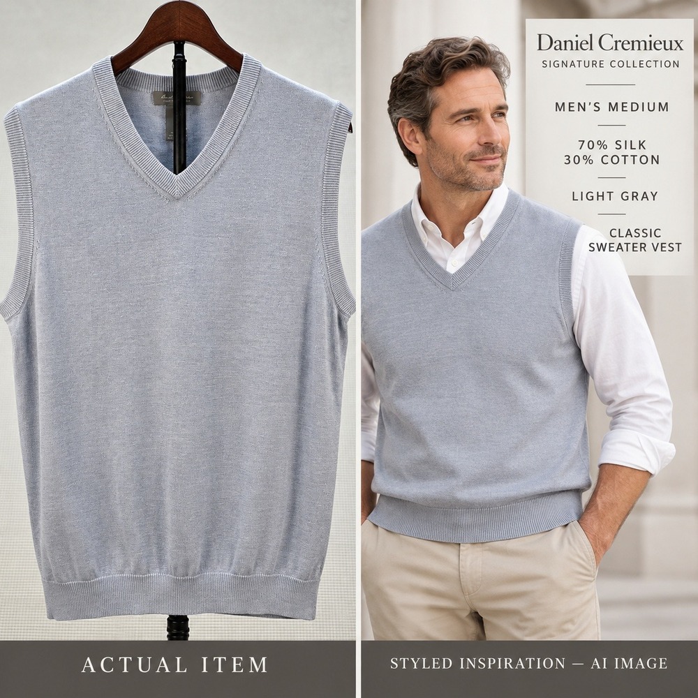 Daniel Cremieux Signature Collection Silk Cotton V-Neck Sweater Vest Blue‎ M